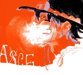 1boy ^_^ absurdres character_name closed_eyes commentary fire hat highres jewelry male_focus necklace one_piece orange_background pearl_necklace portgas_d._ace profile puffingseas short_hair smile solo