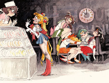 Rule 34 | 6+girls, aino minako, artist name, bandaid, bandaid on face, bishoujo senshi sailor moon, blonde hair, blood, blue sailor collar, boots, brown hair, bruise, circlet, clock, commentary, dated, display case, donut shop, english commentary, from side, full body, gloves, green skirt, hand up, high heels, high ponytail, hino rei, indoors, injury, kino makoto, lissabt, long hair, magical girl, mizuno ami, multiple girls, nosebleed, orange skirt, ponytail, reclining, red footwear, red skirt, sailor collar, sailor jupiter, sailor mars, sailor mercury, sailor moon, sailor venus, short hair, sitting, skirt, stitches, torn clothes, torn gloves, torn skirt, tsukino usagi