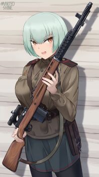 1girl aqua_hair battle_rifle belt black_pantyhose breasts brown_belt brown_eyes brown_jacket commentary cowboy_shot green_skirt gun gun_sling hammer_and_sickle highres holding holding_gun holding_weapon jacket large_breasts looking_at_viewer makiyo_shine medal military_uniform open_mouth original pantyhose rifle sam_browne_belt short_hair shoulder_boards skirt solo soviet svt-40 weapon