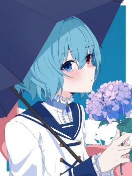 1girl alternate_costume blue_background blue_eyes blue_gem blue_hair blue_sailor_collar blush buttons center_frills collared_jacket collared_shirt commentary_request flower frilled_shirt_collar frills gem hair_between_eyes heterochromia highres holding holding_flower holding_umbrella jacket jewelry long_sleeves petals purple_petals red_eyes red_hair sailor_collar shirataki_oden2 shirt short_hair silhouette simple_background tatara_kogasa tongue tongue_out touhou two-tone_background umbrella white_background white_jacket
