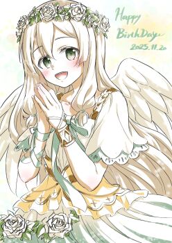 1girl :d angel angel_wings arm_ribbon birthday blonde_hair blush bracer collarbone dated dress eda_udon english_text feathered_wings flower green_eyes green_ribbon hair_between_eyes hair_flower hair_ornament hands_up happy_birthday head_wreath highres jewelry kokudo_aya kusunoki_mebuki_wa_yuusha_de_aru long_hair looking_at_viewer low-tied_sidelocks open_mouth own_hands_together ribbon rose short_sleeves sidelocks smile solo teeth very_long_hair white_dress white_flower white_hair white_rose white_wings wings wrist_ribbon yuusha_de_aru