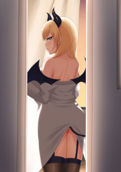 1girl absurdres ass bare_shoulders black_horns black_tail black_wings blonde_hair blue_eyes coat cowboy_shot demon_girl demon_horns demon_tail demon_wings door from_behind highres hololive horns long_hair looking_at_viewer open_clothes open_coat pointy_ears silhouette solo tail tobiiiiiii virtual_youtuber white_coat wings yuzuki_choco