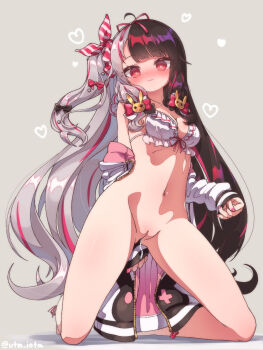 1girl arm_behind_back bare_legs bikini bikini_top_only blush breasts cleft_of_venus female_focus female_masturbation frilled_bikini frills hair_ornament heart highres long_hair looking_at_viewer masturbation medium_breasts navel nijisanji object_insertion off_shoulder pussy rabbit_hair_ornament simple_background solo stomach swimsuit tampon tampon_string utm_iota vaginal vaginal_object_insertion very_long_hair virtual_youtuber white_bikini yorumi_rena yorumi_rena_(7th_costume)