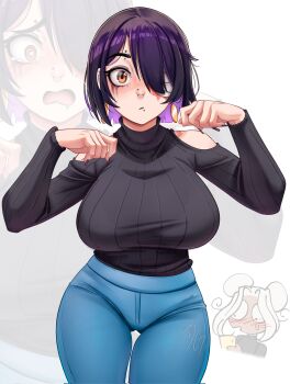 1girl bare_shoulders black_sweater blue_pants breasts clothing_cutout commentary cowboy_shot different_zoom_layer dilan_griz english_commentary eyebrow_piercing face_piercing fingernails gauze gauze_over_eye hair_over_one_eye hands_up highres labret_piercing large_breasts long_sleeves looking_at_viewer makeup multiple_piercings nose nose_piercing one_eye_covered orange_eyes original pants parted_bangs parted_lips piercing purple_hair purple_nails queen_(dilan_griz) runny_makeup short_hair shoulder_cutout solo_focus sweater thigh_gap turtleneck turtleneck_sweater white_background