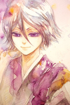 Rule 34 | 1girl, black hair, bleach, commentary request, hair between eyes, japanese clothes, kuchiki rukia, lips, painting (medium), portrait, purple eyes, short hair, smile, solo, tamaki (arrowroute829), traditional media, watercolor (medium)