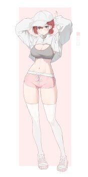 1girl absurdres akane_lize arms_up baseball_cap black_eyes breasts cleavage color_guide commentary_request crop_top crop_top_overhang dolphin_shorts drawstring full_body gluteal_fold grey_shirt hair_bun hat highres korean_commentary large_breasts long_sleeves looking_at_viewer medium_hair meosic2 midriff mole mole_under_eye navel pink_shorts red_hair shirt shoes short_shorts shorts sleeveless sleeveless_shirt sneakers solo stellive stomach thighhighs thighs virtual_youtuber white_hat white_shirt white_shoes white_thighhighs