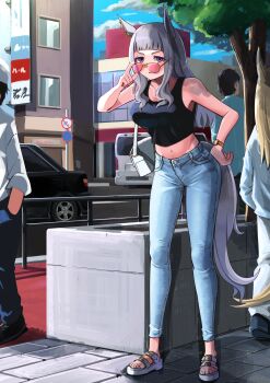 2boys 2girls absurdres adjusting_eyewear alternate_costume animal_ears bag bare_shoulders black_shirt blunt_bangs breasts car clothing_cutout commentary coralreef966 crop_top denim full_body gold_ship_(umamusume) grey_hair handbag highres horse_ears horse_girl horse_tail jeans large_breasts long_hair looking_at_viewer midriff motor_vehicle multiple_boys multiple_girls navel pants pink-tinted_eyewear purple_eyes sandals shirt sidelocks sleeveless sleeveless_shirt solo_focus sunglasses tail tail_through_clothes tinted_eyewear toyota toyota_hiace umamusume white_bag white_footwear yellow-framed_eyewear