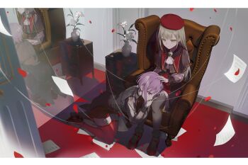 2girls absurdres amano_(amn_amn) amoris_(bang_dream!) ascot bang_dream! bang_dream!_it&#039;s_mygo!!!!! beret black_capelet black_corset black_pantyhose black_shirt black_skirt brooch capelet chair commentary corset earrings falling_petals garter_straps green_hair hat highres jewelry kneeling lap_pillow long_sleeves mortis_(bang_dream!) mortis_(costume)_(bang_dream!) multiple_girls pantyhose pantyhose_under_shorts petals puppet_strings purple_eyes purple_hair red_hat red_shoes red_shorts red_thighhighs sheet_music shirt shoes short_hair shorts sitting skirt thighhighs vase wakaba_mutsumi white_ascot yellow_eyes yuri yuutenji_nyamu