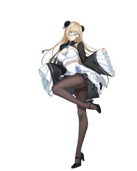 1girl absurdres ass_peek black-framed_eyewear black_hair black_nails black_pantyhose black_shoes black_shrug blonde_hair blue_bow blue_eyes bow braid breasts bun_cover cleavage closed_mouth closers collared_shrug crop_top double_bun full_body glasses gradient_hair hair_bow hair_bun harpy_(closers) high-waist_skirt high_heels highres large_breasts layered_skirt leg_up long_hair mandarin_collar mary_janes midriff_peek miniskirt mole mole_under_eye multicolored_hair official_art pantyhose round_eyewear shirt shoes shrug_(clothing) side_braid skirt skirt_bow sleeves_past_fingers sleeves_past_wrists smile solo standing standing_on_one_leg tachi-e teardrop-framed_glasses white_background white_shirt wide_sleeves