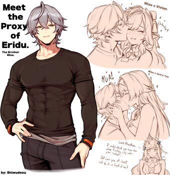 1boy 2girls absurdres alternate_muscle_size annoyed astra_yao black_pantyhose black_shirt commentary english_commentary french_kiss green_eyes grey_hair half-closed_eyes highres kiss kissing_cheek long_hair multiple_girls muscular muscular_male pantyhose shirt shiwudesu standing upper_body vivian_banshee wise_(zenless_zone_zero) zenless_zone_zero