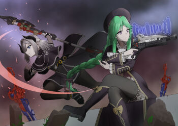 Rule 34 | 2girls, absurdres, aiming, ankle boots, arm up, ascot, assault lily, attack trail, axe, battle axe, beret, black boots, black bridal gauntlets, black capelet, black coat, black hat, black horns, black pantyhose, black shirt, black skirt, blue eyes, boots, bow, bridal gauntlets, capelet, closed mouth, coat, commentary request, crossed legs, demon horns, detached sleeves, embers, footwear bow, frilled skirt, frilled sleeves, frills, grey hair, gun, hair over one eye, half updo, hand on own elbow, hands up, hat, highres, holding, holding axe, holding gun, holding weapon, horns, knee boots, long hair, long sleeves, looking ahead, medium hair, midair, miniskirt, multiple girls, murakami tokiwa, one eye covered, open clothes, open coat, outdoors, overcast, pantyhose, parted bangs, planted, planted sword, planted weapon, pleated skirt, profile, sekino youko, shirt, single horizontal stripe, sitting, skirt, sky, slashing, striped clothes, striped skirt, sword, v-shaped eyebrows, very long hair, waist cape, weapon, white ascot, yadoo, yellow bow