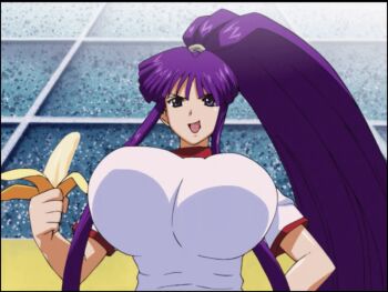 animated animated_gif anime_screenshot banana bouncing_breasts breasts eiken food fruit gigantic_breasts gym_shirt high_ponytail holding holding_food huge_breasts long_hair long_sidelocks misono_kirika ponytail purple_hair shirt sidelocks very_long_hair white_shirt