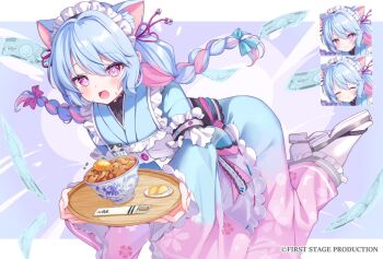 1girl ^_^ animal_ear_fluff animal_ears apron banknote blue_hair blush bowl braid cat_ears cat_girl chopsticks closed_eyes closed_mouth commentary_request copyright_notice cowboy_shot first_stage_production food frilled_apron frilled_kimono frilled_sleeves frills hair_between_eyes holding holding_tray japanese_clothes kimono kozumi_arisa legs_up long_hair long_sleeves maid maid_headdress moeko_(moeko0903) money multiple_expressions official_art open_mouth pink_eyes pink_hair sandals smile socks sweatdrop tray twin_braids two-tone_kimono virtual_youtuber wa_maid white_apron white_sandals white_socks wide_sleeves