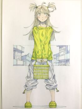 1girl ahoge basket blonde_hair commentary crocs drawstring full_body grey_eyes highres holding holding_basket long_hair long_sleeves original pants pants_rolled_up parted_lips peter_salt shirt shoes shopping_basket sleeves_past_wrists solo standing supermarket thinking traditional_media two_side_up v_arms yellow_shirt yellow_shoes