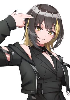 1girl absurdres black_hair black_jacket black_nails black_shirt blonde_hair blush breasts camellia_90 cometik_note_(idolmaster) commentary ear_piercing eyelashes finger_gun finger_gun_to_head fingernails hand_up highres idolmaster idolmaster_shiny_colors ikaruga_luca jacket long_sleeves looking_at_viewer medium_hair multicolored_hair nail_polish parted_lips piercing shirt sidelocks simple_background small_breasts solo two-tone_hair upper_body white_background yellow_eyes