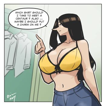 Rule 34 | 1girl, black hair, blue pants, bra, brimerry, closet, collared shirt, denim, english text, highres, index finger raised, jeans, long hair, morgane (morgane the enchantress), morgane the enchantress, navel, original, pants, shirt, signature, speech bubble, underwear, wardrobe, yellow bra