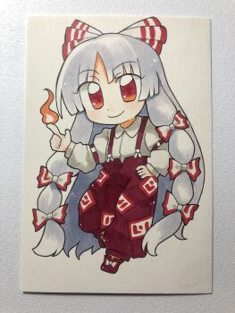 Rule 34 | 1girl, bad id, bad twitter id, boots, bow, chibi, chibi only, closed mouth, collared shirt, commentary, fire, footwear bow, fujiwara no mokou, full body, grey hair, hair bow, hand on own hip, highres, long hair, long sleeves, looking at viewer, maa (forsythia1729), multiple hair bows, ofuda, ofuda on clothes, pants, photo (medium), pyrokinesis, red boots, red eyes, red pants, shirt, smile, solo, suspenders, touhou, traditional media, very long hair