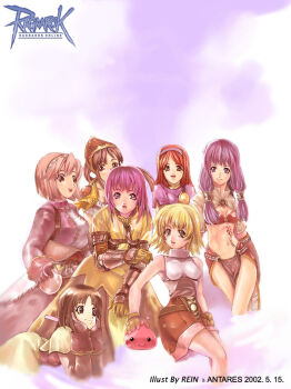 2002 6+girls :3 acolyte_(ragnarok_online) archer_(ragnarok_online) archived_source armor bare_arms bare_shoulders belt bikini bikini_armor bikini_top_only black_eyes blunt_ends boobplate bottle breastplate breasts brown_bag brown_belt brown_gloves brown_jacket brown_loincloth brown_shirt brown_skirt brown_sleeves buruma capelet closed_mouth clothing_cutout copyright_name corked_bottle covered_collarbone dated dot_nose elbow_gloves english_text gauntlets gem glove_cutout gloves grey_armor hair_tubes hairband hands_on_own_head head_rest headscarf high-waist_skirt high_collar holding holding_bottle impasto jacket lace-trimmed_collar lace-trimmed_sleeve_cuffs lace_trim lips long_skirt long_sleeves mage_(ragnarok_online) medium_breasts medium_hair merchant_(ragnarok_online) miniskirt multiple_girls muneate navel nostrils novice_(ragnarok_online) open_clothes open_jacket open_mouth parted_bangs pink_hair ponytail poring purple_background purple_eyes purple_gloves purple_hair purple_hairband purple_jacket purple_skirt ragnarok_online red_bikini red_gemstone red_hair red_headscarf rein_(white_elven) second-party_source see-through_capelet see-through_clothes shirt shirt_tucked_in short_sleeves shrug_(clothing) sidelocks simple_background skirt sleeve_cuffs sleeveless sleeveless_shirt slime_(creature) smile split_mouth stomach_tattoo straight_hair swimsuit swordsman_(ragnarok_online) tattoo teeth thief_(ragnarok_online) turtleneck turtleneck_shirt upper_teeth_only white_background white_buruma white_capelet white_hairband white_shirt yellow_capelet yellow_shirt yellow_shrug yellow_skirt yellow_sleeves