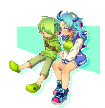 1boy 1girl arm_support blush border closed_eyes crocs denim denim_shorts earrings full_body green_hair green_hoodie green_shirt hair_over_one_eye hood hood_down hoodie hoop_earrings horns invisible_chair jacket james_p._sullivan jewelry kiri_futoshi letterman_jacket long_hair long_sleeves mike_wazowski monsters_inc. shirt shoes shorts sitting sneakers white_border