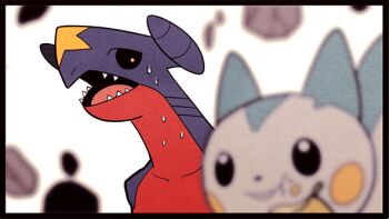 berry_(pokemon) black_border black_sclera blurry border colored_sclera depth_of_field dragon eating food fruit gameplay_mechanics garchomp gen_4_pokemon gojya md5_mismatch nintendo no_humans open_mouth pachirisu pokemon pokemon_(creature) resolution_mismatch sharp_teeth simple_background source_smaller surprised sweatdrop teeth pokemon_world_championships video_game_championships_2015 white_background