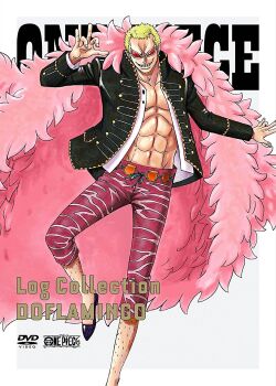 1boy abs blonde_hair capri_pants coat cover donquixote_doflamingo dvd_cover feather_coat grin looking_at_viewer muscular official_art one_piece open_clothes open_vest orange-tinted_eyewear pants pectorals pink_coat shirt short_hair simple_background smile sunglasses tinted_eyewear title toei_company vest white-framed_eyewear white_background