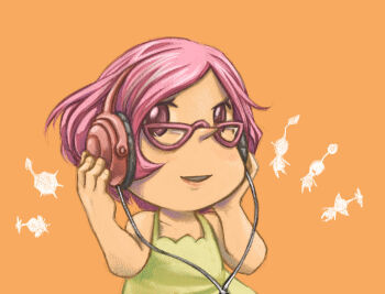 1girl alternate_costume bare_arms bare_shoulders blue_pikmin brittany_(pikmin) cable casual collarbone commentary_request dress eyelashes glasses hands_on_headphones happy headphones lipstick looking_at_viewer makeup naru_(wish_field) nintendo open_mouth orange_background pikmin_(creature) pikmin_(series) pink_eyes pink_hair pink_lips pointy_nose red-framed_eyewear red_pikmin rock_pikmin short_hair silhouette simple_background sleeveless sleeveless_dress smile solo square_neckline teeth triangular_eyewear upper_body upper_teeth_only winged_pikmin yellow_dress yellow_pikmin