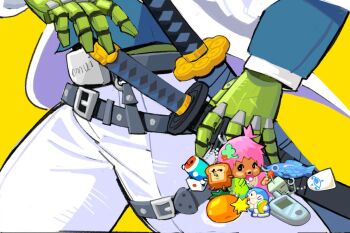 belt belt_buckle black_belt blue_shirt buckle cellphone character_charm character_request charm_(object) commentary dice doraemon doraemon_(character) english_commentary fish guilty_gear holding holding_sword holding_weapon humanoid_robot jacket katana layered_sleeves looking_to_the_side multiple_belts object_focus pants phone pink_hair qromeju robo-ky robot shirt sideways_glance sword taiko_no_tatsujin thigh_belt thigh_strap venom_(guilty_gear) wada_don weapon white_jacket white_pants yellow_background