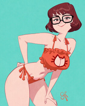 1girl adversarial_noise alt_text artist_name black-framed_eyewear blush bra breasts brown_eyes brown_hair cat_cutout cat_ear_panties cat_lingerie cleavage cleavage_cutout clothing_cutout commentary english_commentary frilled_bra frills galmesh_rosewood glasses hand_on_own_thigh highres large_breasts leaning_forward looking_at_viewer panties scooby-doo short_hair side-tie_panties simple_background smile solo underwear velma_dinkley
