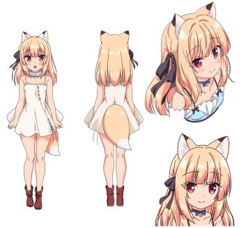 1girl absurdres animal_ear_fluff animal_ears black_ribbon blonde_hair blue_dress boku_no_risou_no_isekai_seikatsu boots reference_sheet chise_(ichiri) clothing_cutout collar color_guide dress fox_ears fox_girl fox_tail full_body hair_ribbon highres medium_hair metal_collar multiple_views red_eyes ribbon sazaki_ichiri smile standing tail tail_through_clothes turnaround white_background white_dress