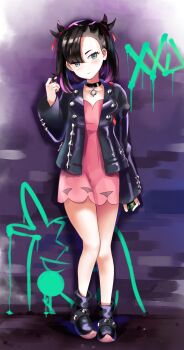 1girl absurdres asymmetrical_bangs black_boots black_choker black_hair black_jacket boots choker dress dusk_ball full_body gen_8_pokemon graffiti green_eyes hair_ribbon highres holding holding_poke_ball jacket looking_at_viewer marnie_(pokemon) morpeko morpeko_(hangry) nintendo pink_dress poke_ball pokemon pokemon_swsh ribbon solo standing thighs twintails undercut uno_(unoirasuto)