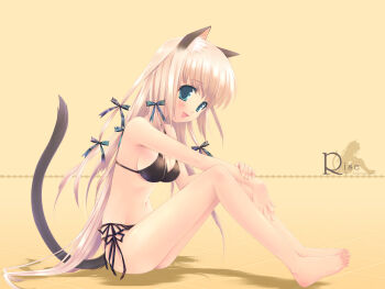 Rule 34 | 1girl, animal ears, barefoot, bikini, black bikini, blonde hair, blue eyes, bow, breasts, cat ears, cat tail, cleavage, feet, female focus, hair ribbon, long hair, open mouth, original, ribbon, side-tie bikini bottom, sideboob, smile, solo, swimsuit, tail, touto seiro
