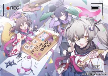 3girls animal_ears black_gloves blue_archive brown_hair commentary_request fang fox_ears fox_girl fox_shadow_puppet fox_tail gloves grey_hair hair_between_eyes halo indoors izuna_(blue_archive) japanese_clothes looking_at_viewer michiru_(blue_archive) multiple_girls neckerchief ninjutsu_research_club_(blue_archive) official_art one_eye_closed open_mouth parted_lips partially_fingerless_gloves purple_hair raccoon_ears raccoon_girl sailor_collar school_uniform shirt skirt smile tail tsukuyo_(blue_archive) viewfinder white_shirt yellow_eyes youguo_naberu