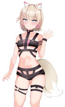 1girl absurdres animal_ear_fluff animal_ears bikini black_bikini black_choker blonde_hair blue_eyes blush choker closed_mouth dog_ears dog_girl dog_tail fang hair_ornament heart heart_o-ring highres hololive hololive_english looking_at_viewer mococo_abyssgard mococo_abyssgard_(holonatsu_paradise) multicolored_hair o-ring o-ring_thigh_strap official_alternate_costume one_side_up pink_streaks sasaki_ikuya short_hair smile solo streaked_hair swimsuit tail thigh_strap virtual_youtuber x_hair_ornament