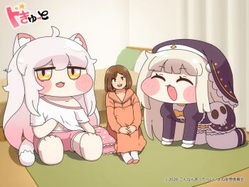 :d ^_^ ahoge all_fours animal_ear_fluff animal_ears bed black_dress black_shoes blush_stickers brown_eyes brown_hair brown_shirt brown_skirt cat_ears cat_girl cat_tail chibi closed_eyes commentary_request curtains doqute_stuffed_doll dress fang grey_hair hair_between_eyes hand_under_clothes hand_under_shirt hugging_own_legs indoors juliet_sleeves knees_up kommy_(trickcal) long_hair long_sleeves meme navel nun off_shoulder open_mouth orange_eyes original pink_shorts puffy_sleeves shirosato shirt shoes shorts sitting skirt skull smile speaki_(trickcal) speakiposting_(meme) tail thighhighs translation_request trickcal veil very_long_hair white_shirt white_thighhighs