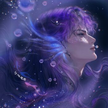 1boy absurdres bubble character_request chinese_commentary closed_mouth commentary_request eyelashes facepaint fins fish floating_hair from_side hair_ornament hairclip head_fins highres light_particles lips long_hair looking_ahead love_and_deepspace male_focus mg_miange nostrils pink_lips pointy_nose portrait purple_eyes purple_hair purple_theme realistic signature solo thick_eyebrows underwater