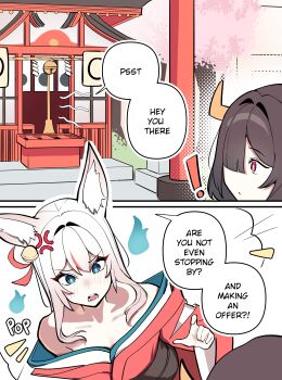 ! 2girls absurdres anger_vein animal_ears bare_shoulders bell black_hair blue_eyes box bright_pupils closed_mouth commentary cow_girl cow_horns donation_box double-parted_bangs english_commentary english_text fox_ears fox_girl hair_bell hair_between_eyes hair_ornament hair_over_one_eye highres hitodama horns japanese_clothes kimono long_hair mirui09 multiple_girls one_eye_covered open_mouth original outdoors pointing pointing_at_another red_eyes red_kimono shrine speech_bubble talking white_pupils