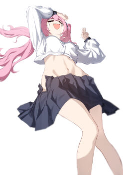 Rule 34 | 1girl, absurdres, arm on own head, belly, black skirt, blue archive, closed eyes, crop top, fang, hair between eyes, highres, jinling ovo, koyuki (blue archive), long hair, lying, navel, on back, open clothes, open mouth, open skirt, shirt, sidelocks, skirt, sobbing, twintails, w, white shirt