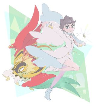 1girl aqua_eyes artist_name brown_hair claws commentary deardiantha diantha_(pokemon) english_commentary eyelashes full_body gen_6_pokemon hawlucha highres jacket jewelry long_sleeves mega_hawlucha mega_pokemon necklace nintendo outstretched_arm pokemon pokemon_(creature) pokemon_xy shirt shoes short_hair shorts signature smile sparkle very_short_hair white_jacket white_shirt white_shoes white_shorts