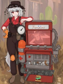 1girl :d animal_ears bolt_(hardware) brown_footwear brown_headwear cosplay crossover dispenser_(tf2) engineer_(tf2) full_body gloves grin highres inubashiri_momiji kawashiro_nitori knee_pads nut_(hardware) open_mouth orange_gloves overalls ramnik5 red_engineer_(tf2) red_eyes short_hair single_glove sleeves_rolled_up smile solo standing syringe tail team_fortress_2 teeth the_engineer the_engineer_(cosplay) touhou unusual_effect white_hair wolf_ears wolf_girl wolf_tail