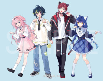 2boys 2girls ahoge amamiya_kokoro animal_ears black_hairband black_jacket black_necktie black_pants black_shoes black_tail blue_background blue_hair blue_pants blue_skirt braid cat_ears claw_pose dog_ears dress full_body green_eyes hair_between_eyes hairband holding_own_tail inami_rai jacket kneehighs lauren_iroas long_hair long_sleeves multicolored_hair multiple_boys multiple_girls necktie nijisanji official_art open_clothes open_jacket open_mouth pants paw_pose pigeon-toed pink_dress pink_hair plaid_clothes plaid_skirt ponytail purple_eyes red_hair red_nails sample_watermark shirt shoes short_hair side_ponytail simple_background skirt smile socks streaked_hair suo_sango sweater_vest tail tobi_(kotetsu) torn_clothes torn_pants twin_braids virtual_youtuber watermark white_shirt white_socks white_tail
