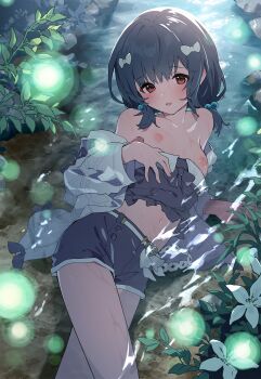 1girl black_hair black_shorts blurry blush bokeh breasts clothes_lift commentary_request crop_top depth_of_field flower granblue_fantasy hair_bobbles hair_ornament hair_ribbon highres jacket looking_at_viewer low_twintails lying midriff navel nipples nose_blush off_shoulder on_side open_clothes open_jacket open_mouth outdoors red_eyes ribbon river sawayaka_samehada short_hair short_twintails shorts small_breasts smile solo thighs twintails vikala_(granblue_fantasy) wet white_flower white_jacket white_ribbon