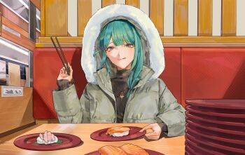 1girl :d black_shirt black_sleeves blonde_hair blunt_bangs chopsticks closed_mouth eyeliner fingernails food fur-trimmed_hood fur_trim genshin_impact gold_necklace gold_pendant green_hair grey_eyes grey_hood grey_jacket grey_sleeves hand_up highres holding holding_chopsticks holding_plate hood hood_up hooded_jacket indoors jacket jewelry layered_sleeves lic_617 light_blush long_hair makeup multicolored_hair necklace open_mouth original plate plate_stack red_eyeliner shirt sitting smile solo streaked_hair striped_clothes striped_shirt sushi swept_bangs tongue tongue_out tsurime turtleneck turtleneck_shirt undershirt