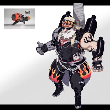 1boy arm_tattoo beads beard black_boots black_gloves blonde_hair boots closed_mouth facial_hair fingerless_gloves flame_print flame_tattoo full_body gloves headband highres male_focus nintendo pants personification prosthesis prosthetic_arm range_blaster_(splatoon) reference_inset shirt sido_(slipknot) simple_background single_glove solo splatoon_(series) sunglasses tattoo vest