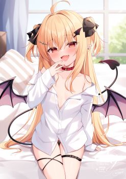 1girl :d absurdres ahoge black_bow black_panties blonde_hair bow breasts collar commentary_request cowboy_shot demon_tail demon_wings earrings fang hair_bow hair_ornament hand_up highres indoors jewelry long_hair long_sleeves looking_at_viewer miy@ no_bra on_bed open_mouth original panties partially_unbuttoned pillow pointy_ears red_collar shirt single_bare_shoulder single_off_shoulder sitting small_breasts smile solo tail thigh_strap twitter_username two_side_up underwear wakarase-chan_(miy@) watermark white_shirt window wing_hair_ornament wings