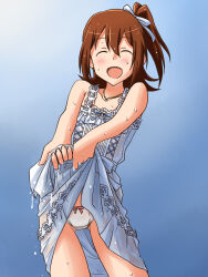 Rule 34 | 1girl, :d, blue background, blue dress, blue ribbon, bow, bow panties, brown hair, closed eyes, clothes lift, commentary, cowboy shot, crotch seam, dress, dress lift, facing viewer, hair ribbon, highres, idolmaster, idolmaster million live!, jewelry, kasuga mirai, lielos, lifted by self, medium hair, necklace, one side up, open mouth, panties, ribbon, see-through, short dress, smile, solo, standing, underwear, wet, wet clothes, wet dress, white panties, wringing clothes