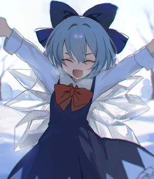 1girl :d ^_^ aqua_eyes arms_up bad_id bad_twitter_id blue_bow blue_dress bow bowtie cirno closed_eyes collared_shirt dress facing_viewer hair_between_eyes hair_bow highres ice ice_wings kani_nyan open_mouth outstretched_arms pinafore_dress red_bow red_bowtie shirt short_hair sleeveless sleeveless_dress smile solo spread_arms touhou white_shirt wings