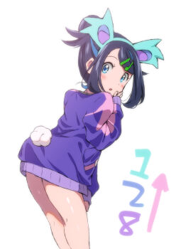 1girl absurdres black_hair blue_eyes blue_hair blush cosplay cowlick dot_(pokemon) dot_(pokemon)_(cosplay) eyelashes hair_bun hair_ornament hairclip highres jacket liko_(pokemon) long_hair long_sleeves looking_at_viewer multicolored_hair nidothing nintendo open_mouth plus_ta pokemon pokemon_(anime) pokemon_horizons two-tone_hair