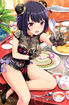 1girl absurdres alternative_girls bare_legs black_dress black_gloves black_hair breasts china_dress chinese_clothes chopsticks cleavage dress food fork gloves hand_on_own_chest highres holding holding_spoon indoors looking_at_viewer medium_hair official_art onitsuka_chiho open_mouth plate red_eyes see-through_clothes see-through_cleavage sitting solo spoon thighs torn_clothes