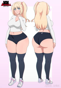 1girl artist_logo artist_name ass aykoll black_shorts black_thighhighs blonde_hair blue_eyes breasts clarissa_kimmel_(study_buddies) cleavage cropped_shirt english_text full_body glasses highres large_breasts logo long_hair long_sleeves looking_to_the_side multiple_views navel original reference_sheet shirt shoes short_shorts shorts side_ponytail smile sneakers solo standing thighhighs white_shirt