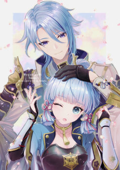 1boy 1girl ;o armor artist_name ayaka_(genshin_impact) black_gloves blue_eyes blue_hair blue_jacket blunt_bangs breasts bridal_gauntlets brother_and_sister cherry_blossoms chinese_knot cleavage closed_mouth coat collarbone commentary_request dou elbow_gloves falling_petals genshin_impact gloves gold_trim hair_between_eyes hair_ornament hand_on_another's_head hand_on_own_hip hands_up head_tilt height_difference jacket japanese_armor kamisato_ayato kote long_bangs long_hair looking_at_another medium_breasts mole mole_under_eye neck_tassel one_eye_closed open_clothes open_coat open_mouth parted_hair partially_fingerless_gloves petals ponytail purple_eyes shoulder_armor siblings single_bridal_gauntlet smile sode tassel twitter_username upper_body white_coat wide_sleeves yamaya_aya
